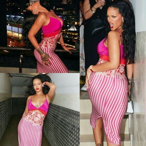 Rihanna in CUSHNIE Runway 100% Silk Stripe & Floral Sheath Midi Dress Si… - Picture 1 of 15